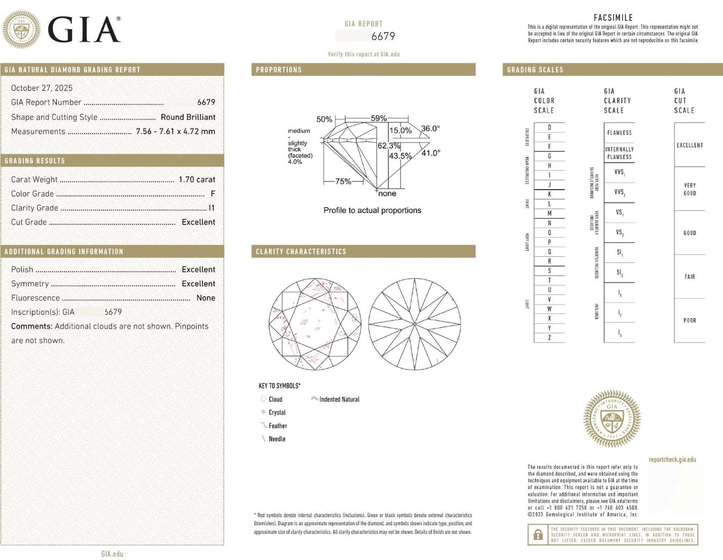 Natural Round Brilliant Diamond, 1.70ct, I1, F colour, 3Ex