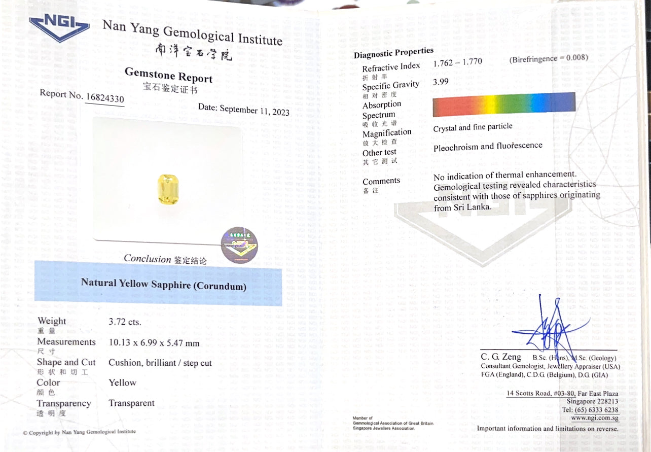 Sapphire, 3.72ct, Light Yellow, No heat, Sri Lanka