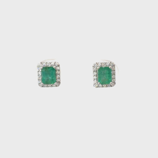 Emerald Stud Earrings with Rectangular Halo