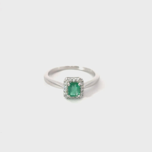 Emerald Ring with Rectangular Halo