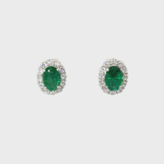 Emerald Stud Earrings with Classic Oval Halo