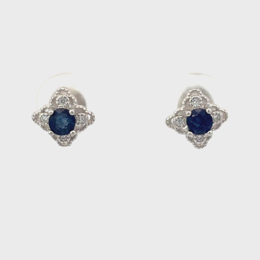 Sapphire Floral Stud Earrings with Milgrain