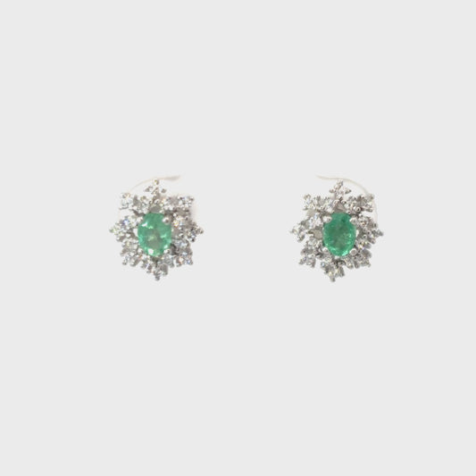 Emerald Stud Earrings with Snowflake Halo
