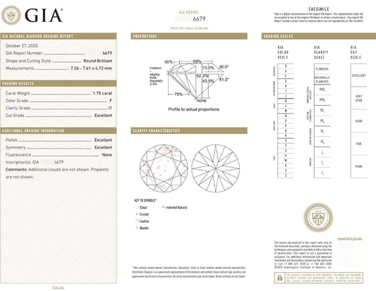 Natural Round Brilliant Diamond, 1.70ct, I1, F colour, 3Ex