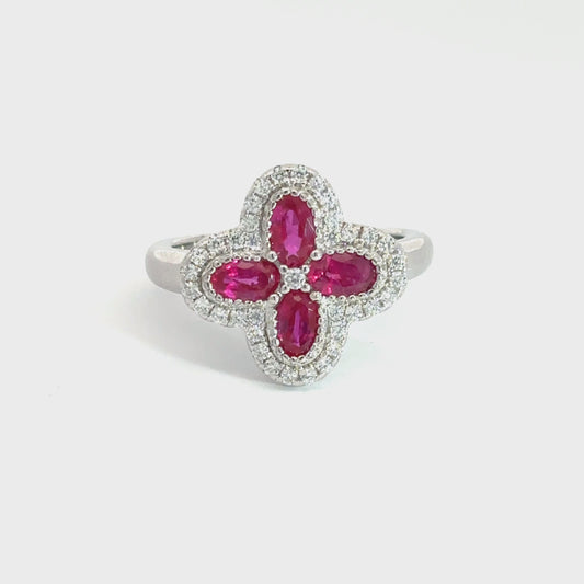 Clover Ruby Ring with Halo