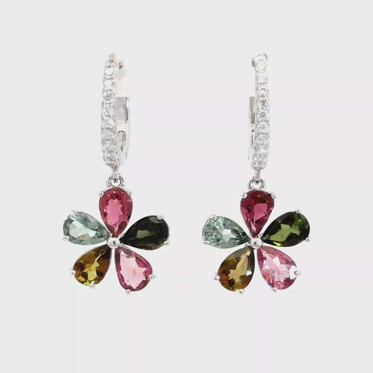 Tourmaline Plug Earrings with Flower Motif