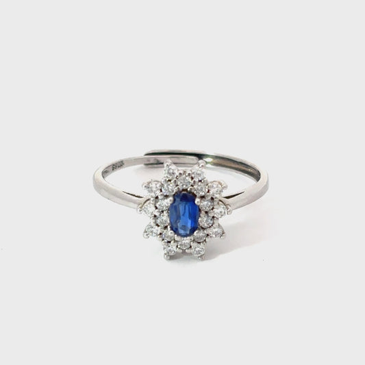 Sapphire Ring with Double Halo in Three Prongs